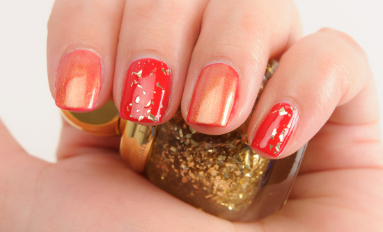 Dior Golden Shock layered over Shock Vernis on middle and pinky fingernails; Mirror over Shock Vernis on index and ring fingernails