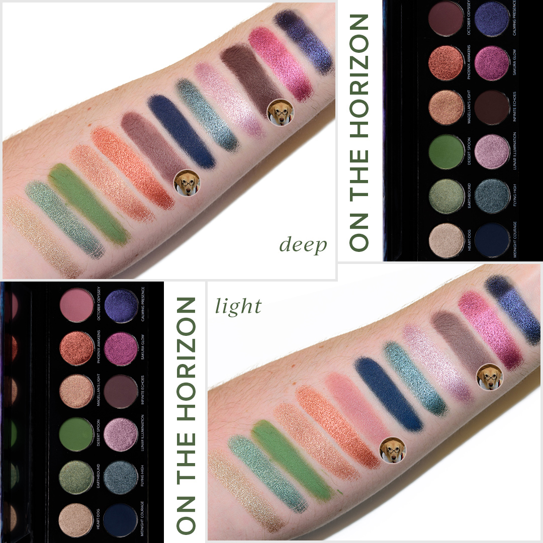 On the Horizon Palettes swatched on very light skin (Fenty 110)